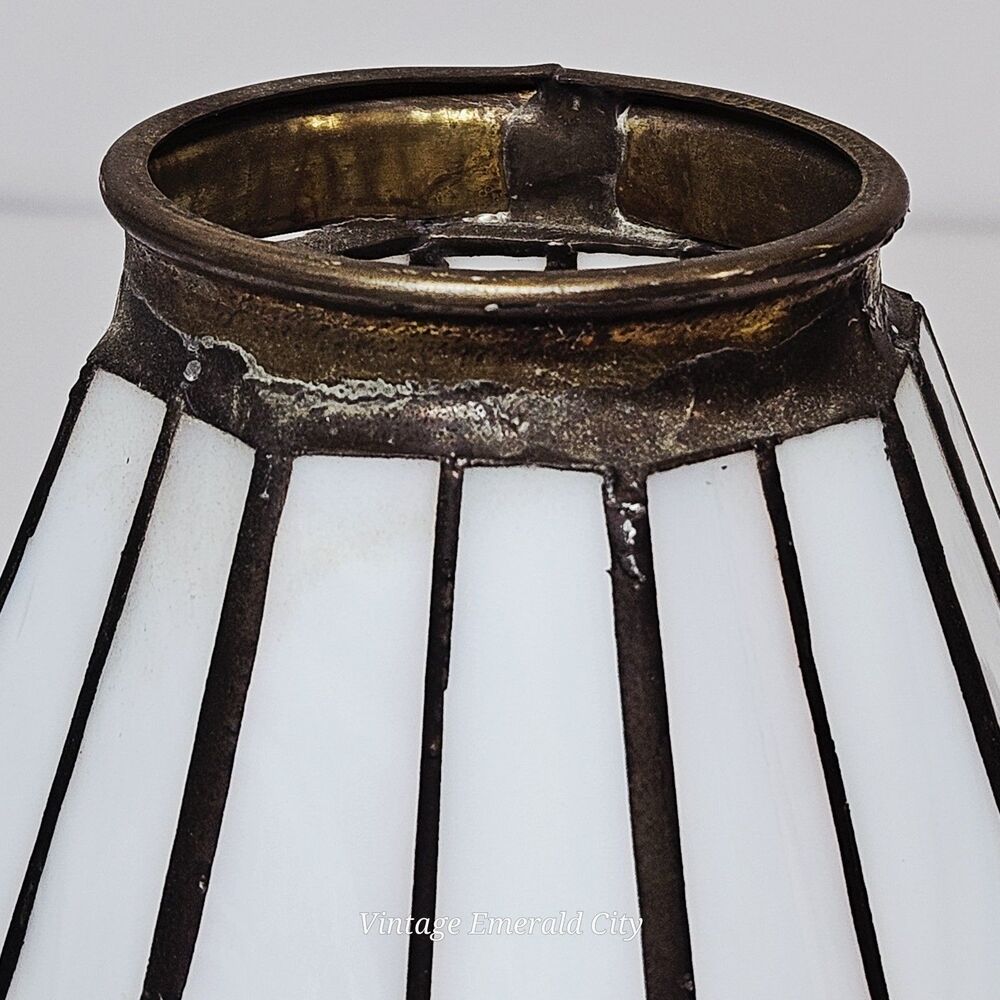 Vtg Antique Tiffany-style Stained Glass Lamp Shade Brass-White Teal Pink Mexico - Picture 10 of 12